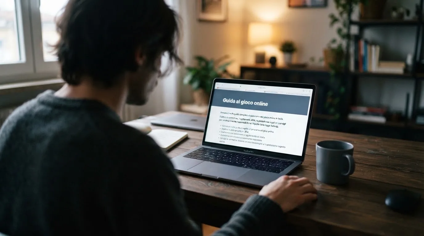 Persona davanti a un portatile che legge una pagina informativa sul gioco online in Italia — 100 giri gratis senza deposito