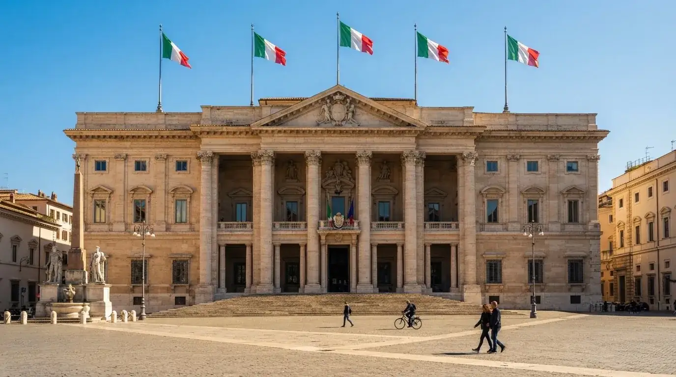 Palazzo istituzionale con bandiere al vento in una piazza soleggiata — 100 giri gratis senza deposito