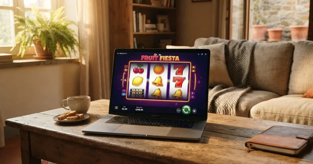 Rulli di una slot in movimento sullo schermo di un computer in un salotto — 100 giri gratis senza deposito