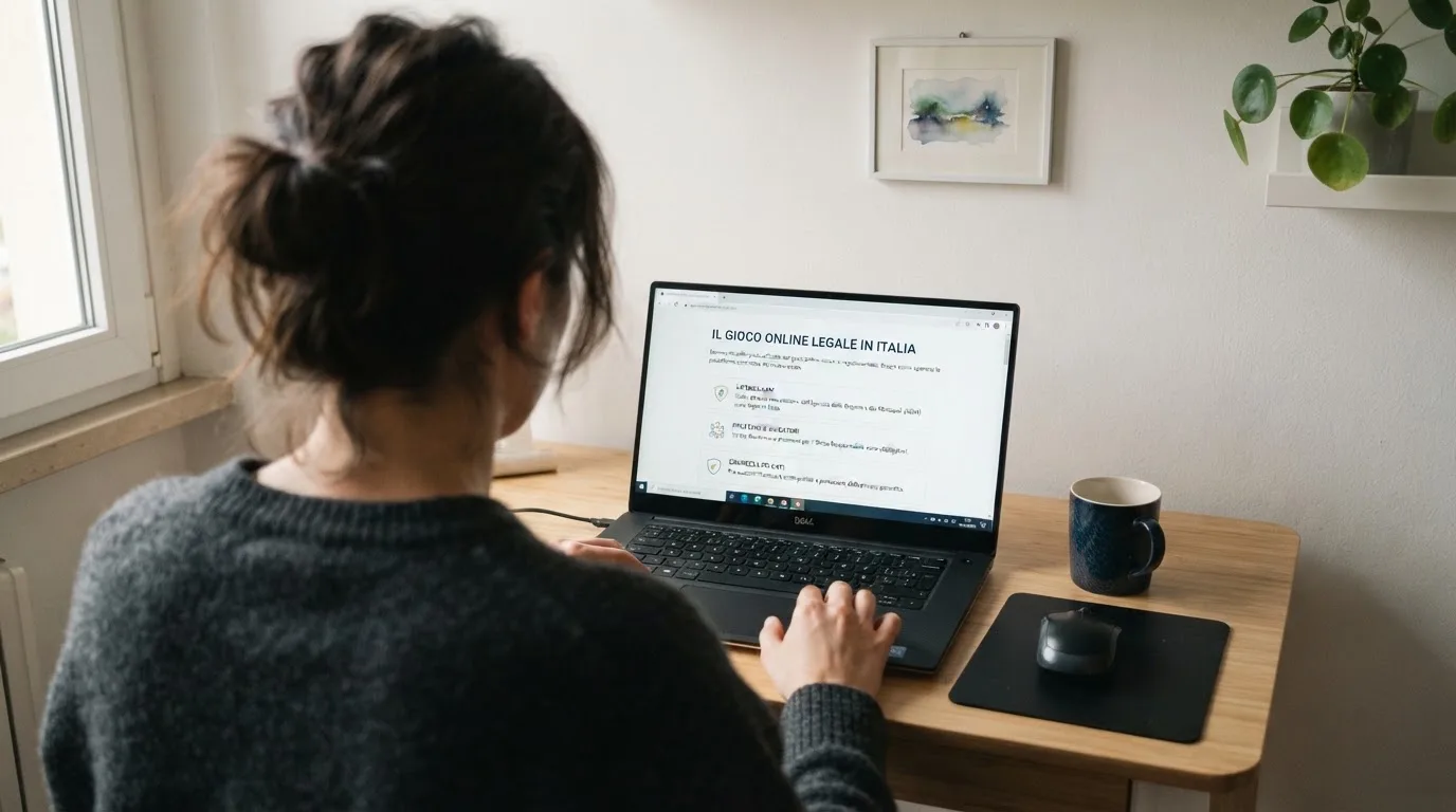 Persona davanti a un portatile che legge una pagina informativa sul gioco online in Italia — 25, 30, 50, 100, 200 giri gratis senza deposito