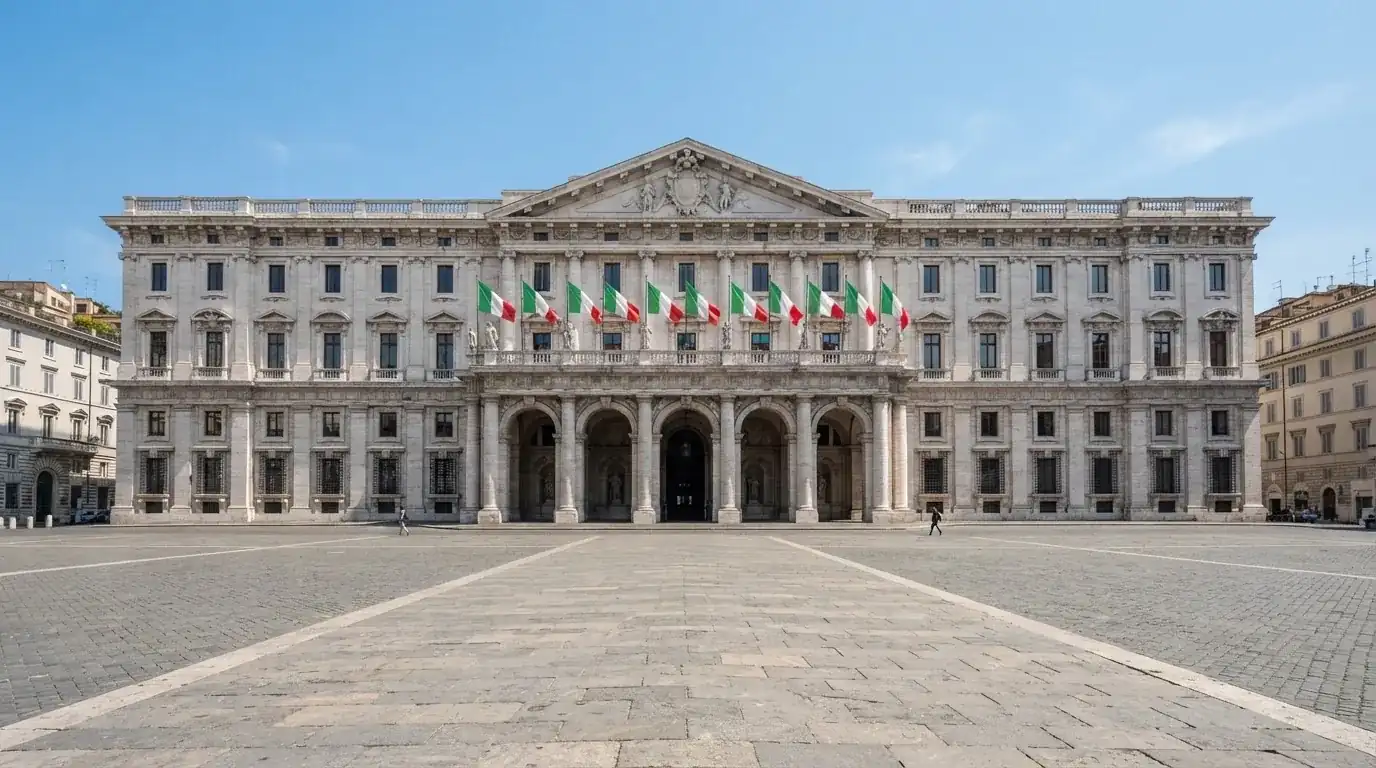 Palazzo istituzionale con bandiere al vento in una piazza soleggiata — 25, 30, 50, 100, 200 giri gratis senza deposito