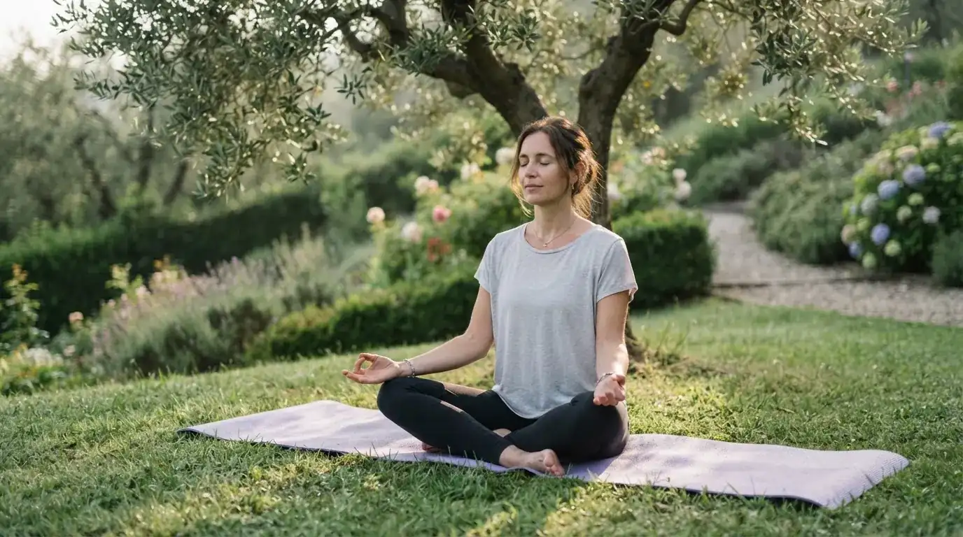 Una donna medita seduta su un tappeto yoga in un giardino verde al mattino presto.