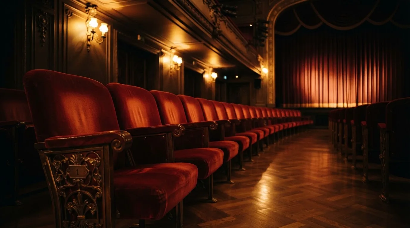 Una fila di poltrone rosse vuote in un teatro storico illuminato da luci calde.