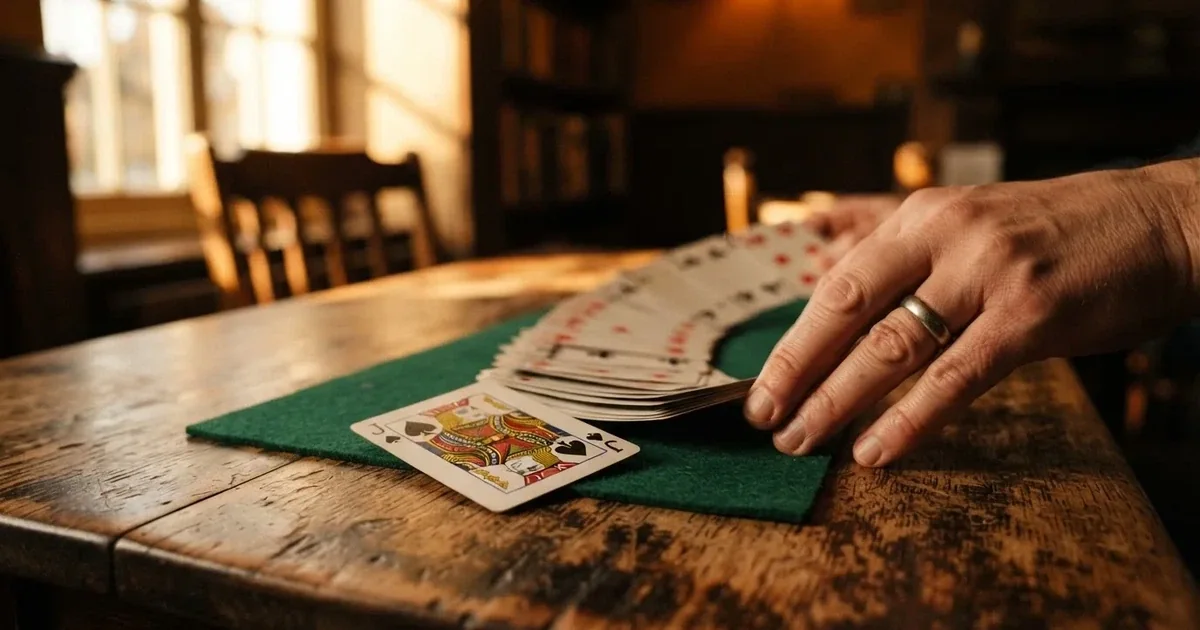 Una persona impugna un mazzo di carte da gioco su un tavolo in legno illuminato da luce naturale.