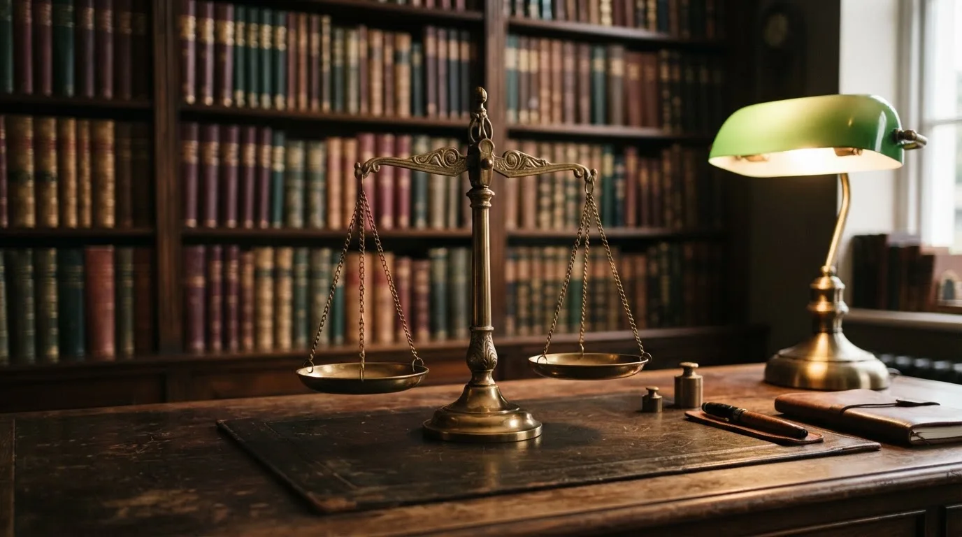 Una bilancia in ottone posata su una scrivania antica in uno studio con libreria sullo sfondo.