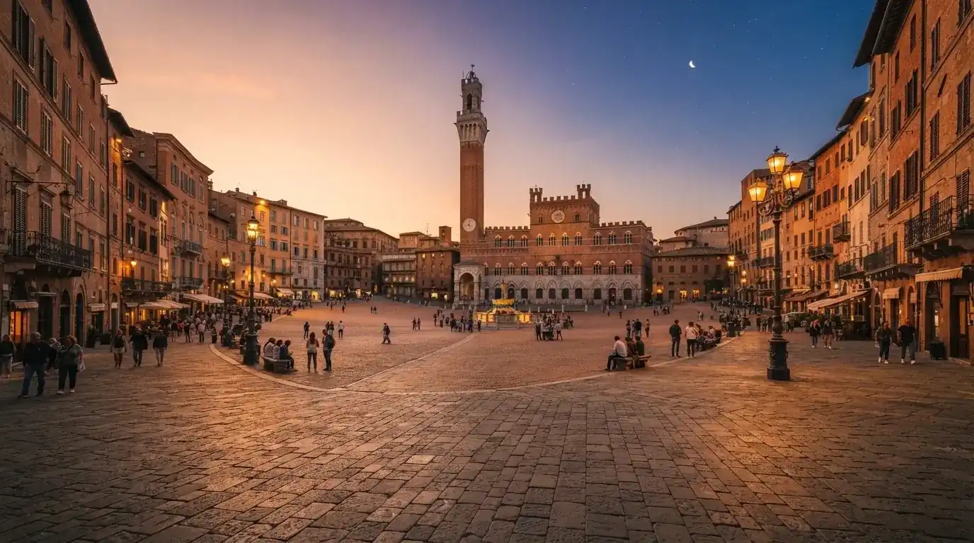 Vista panoramica di una piazza italiana al tramonto con lampioni accesi e persone che passeggiano.