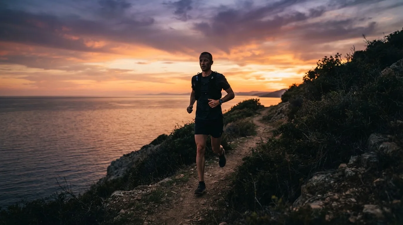 Un uomo corre lungo un sentiero costiero al tramonto indossando abbigliamento sportivo, lontano da dispositivi elettronici.