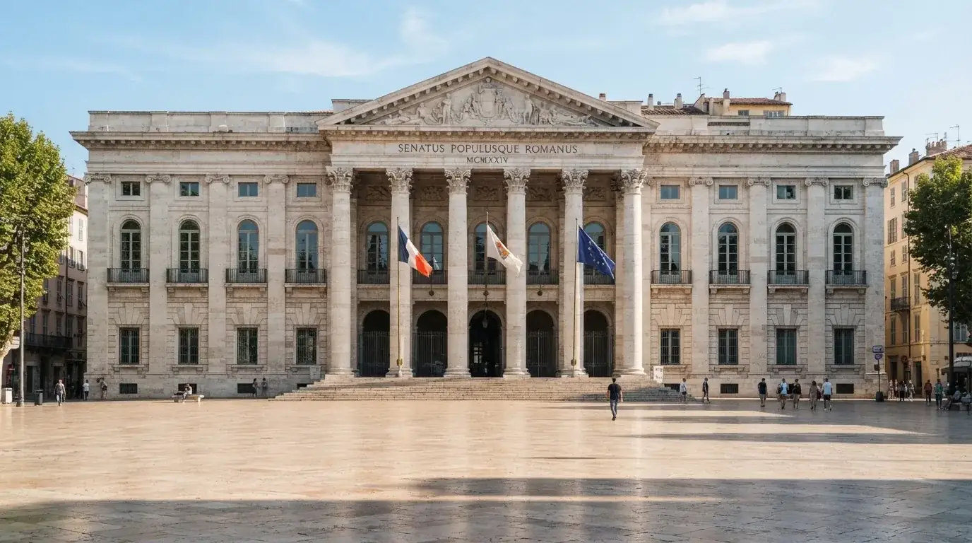 Palazzo istituzionale con bandiere al vento in una piazza soleggiata — big time gaming live casino italia