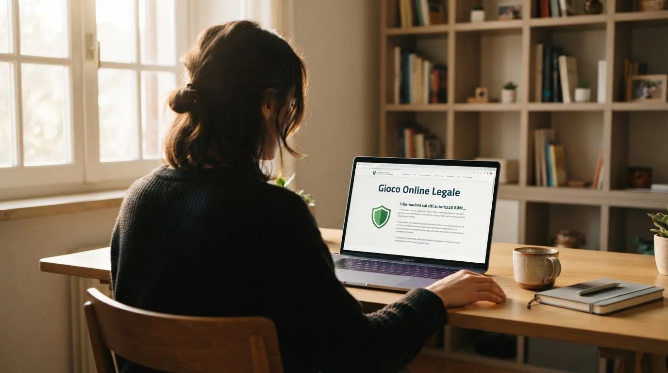 Persona davanti a un portatile che legge una pagina informativa sul gioco online in Italia — casinò che accettano bitcoin