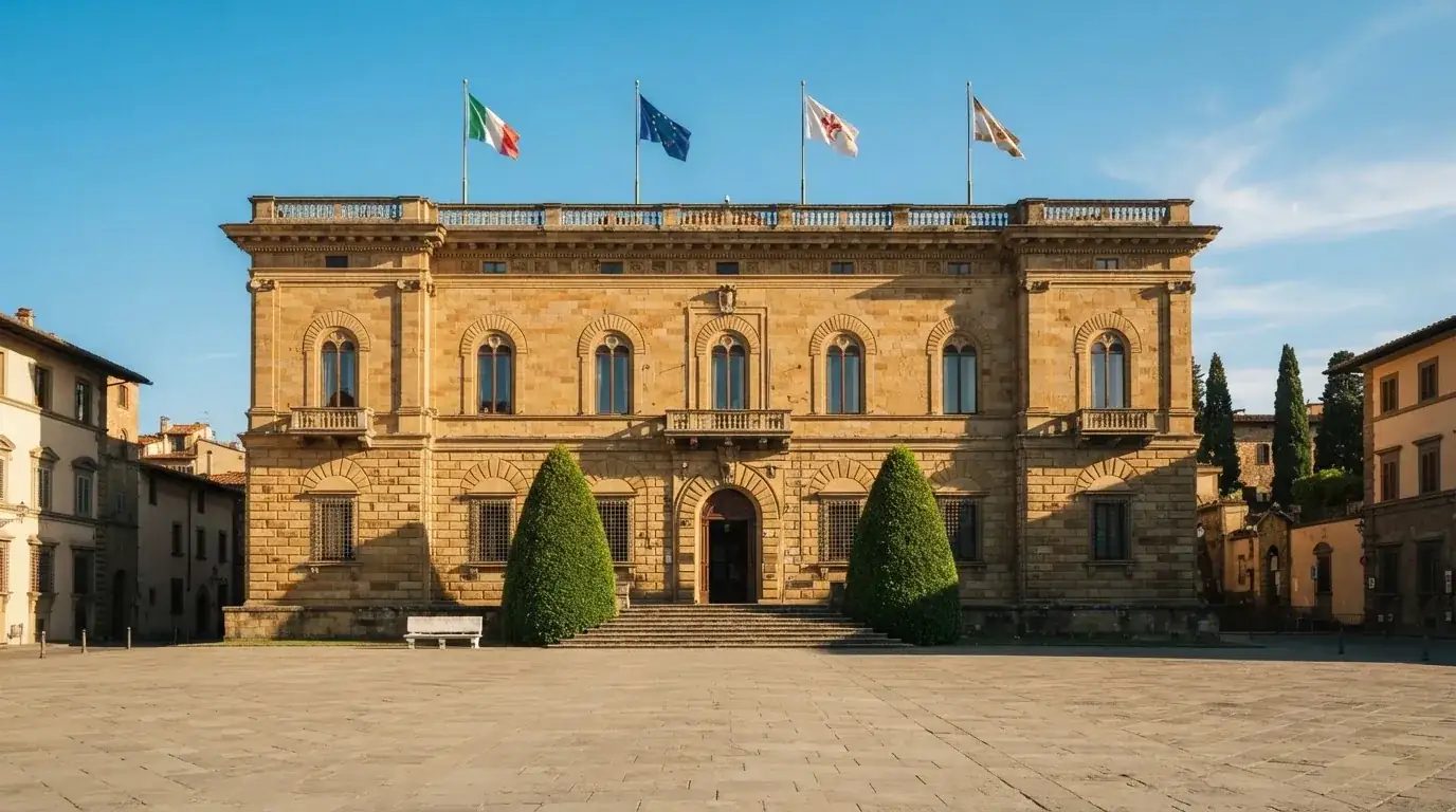 Palazzo istituzionale con bandiere al vento in una piazza soleggiata — casinò che accettano bitcoin