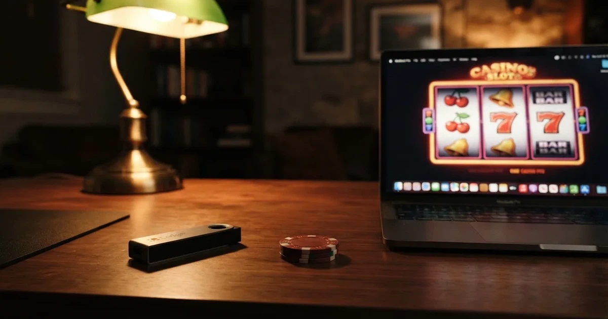 Portafoglio hardware accanto a un portatile su una scrivania scura con lampada — casinò che accettano bitcoin