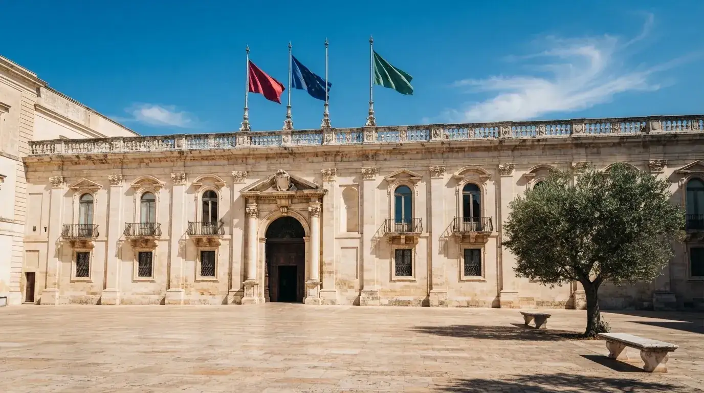 Palazzo istituzionale con bandiere al vento in una piazza soleggiata — casino com app android
