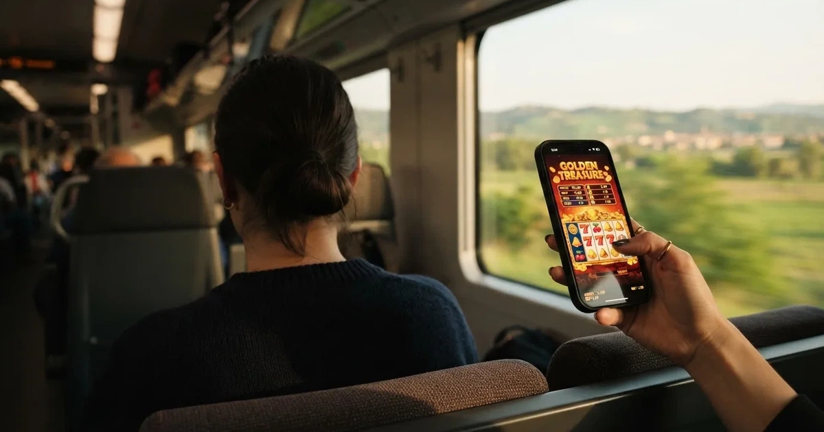 Smartphone in mano su un treno, paesaggio sfocato dal finestrino — casino com app android