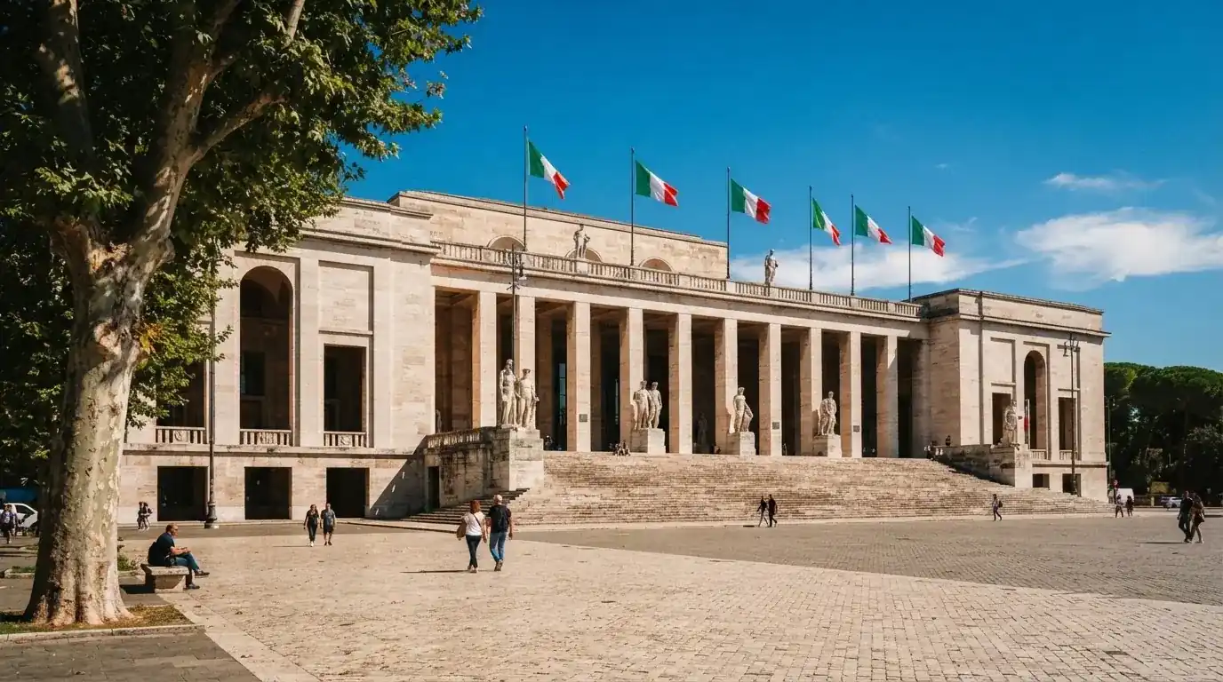 Palazzo istituzionale con bandiere al vento in una piazza soleggiata — casino com app iphone