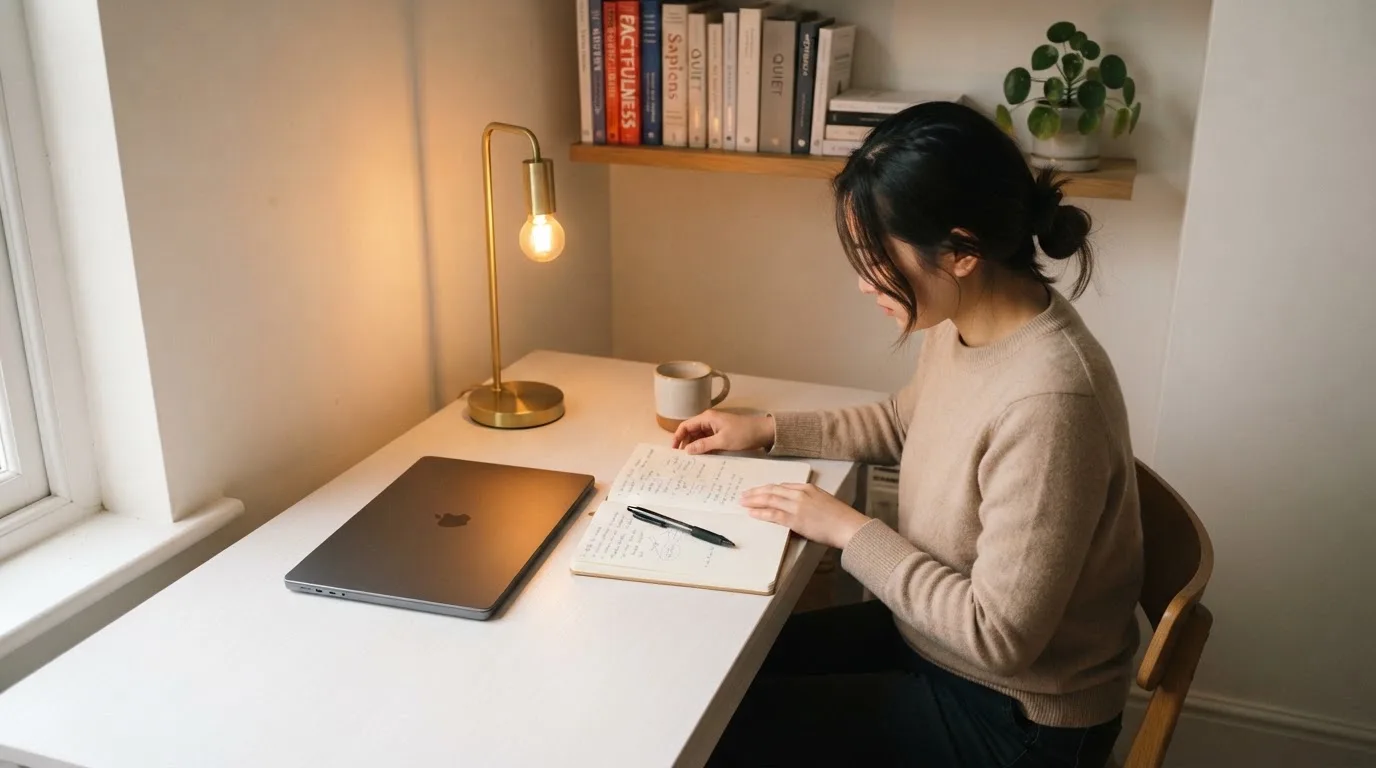 Una persona seduta a una scrivania minimalista con un laptop chiuso e una lampada accesa in un ufficio domestico ordinato.