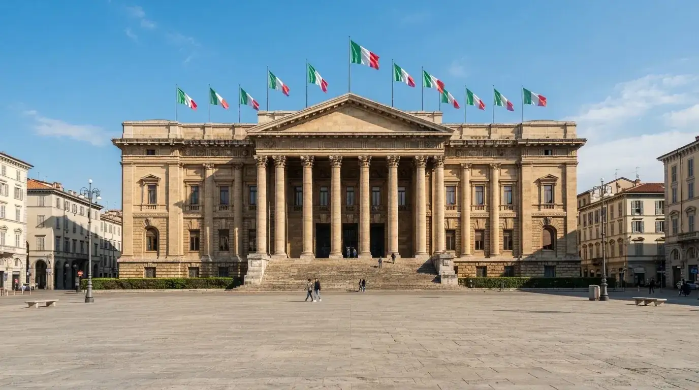 Palazzo istituzionale con bandiere al vento in una piazza soleggiata — casino dal vivo online