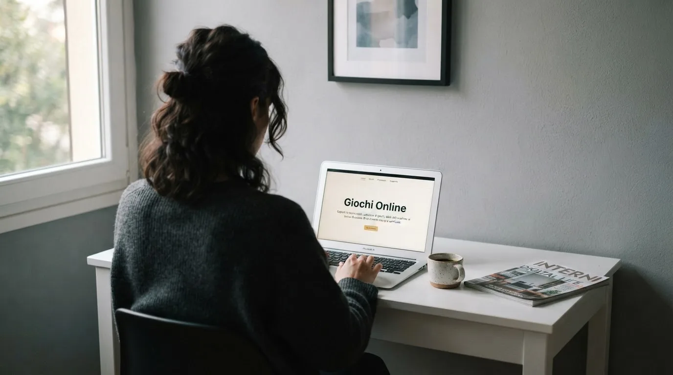 Persona davanti a un portatile che legge una pagina informativa sul gioco online in Italia — casino deposito minimo 1, 5, 10 e 20 euro