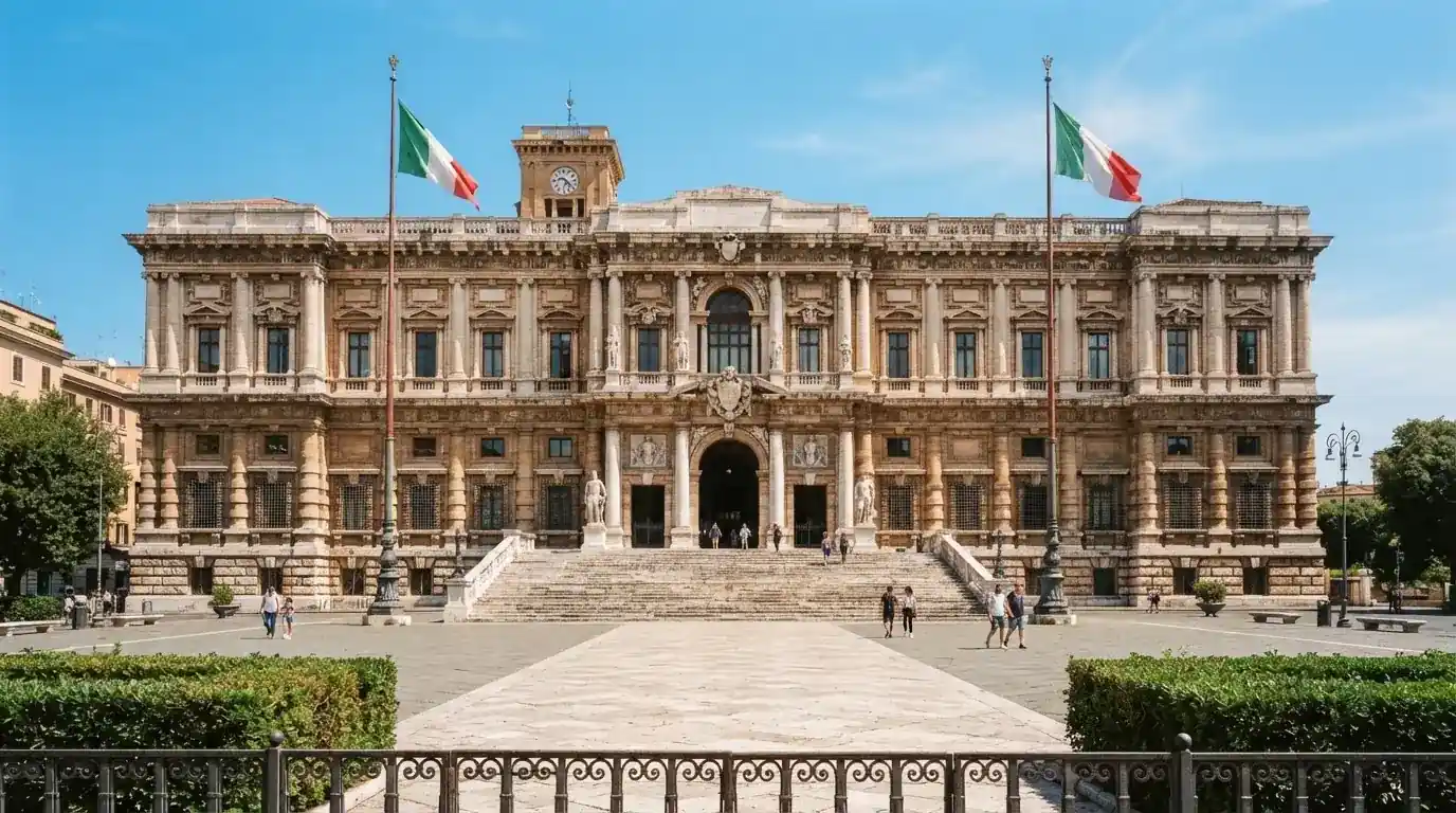 Palazzo istituzionale con bandiere al vento in una piazza soleggiata — casino deposito minimo 1 euro