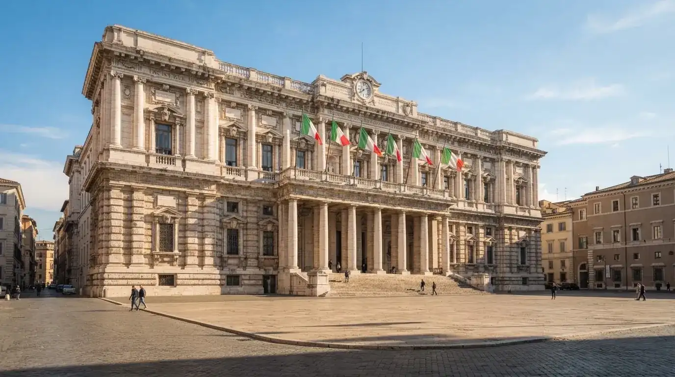 Palazzo istituzionale con bandiere al vento in una piazza soleggiata — casino deposito minimo 10 centesimi