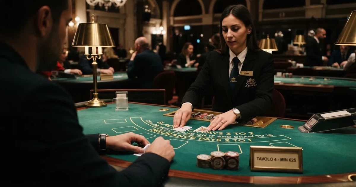 Un croupier distribuisce carte su un tavolo da gioco elegante, illuminato da luci soffuse in una sala professionale.