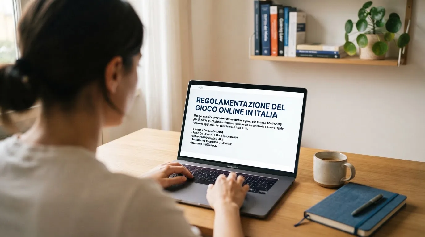 Persona davanti a un portatile che legge una pagina informativa sul gioco online in Italia — casino non aams affidabili