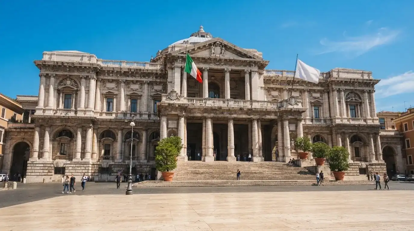Palazzo istituzionale con bandiere al vento in una piazza soleggiata — casinò non aams che accettano dogecoin