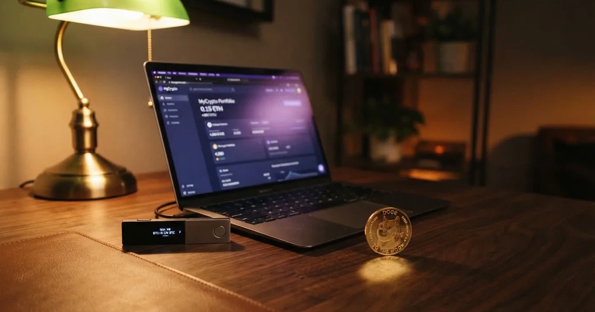 Portafoglio hardware accanto a un portatile su una scrivania scura con lampada — casinò non aams che accettano dogecoin
