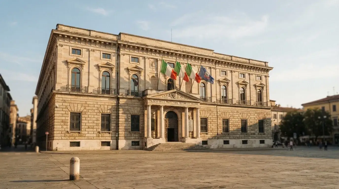 Palazzo istituzionale con bandiere al vento in una piazza soleggiata — casino non aams che accettano postepay