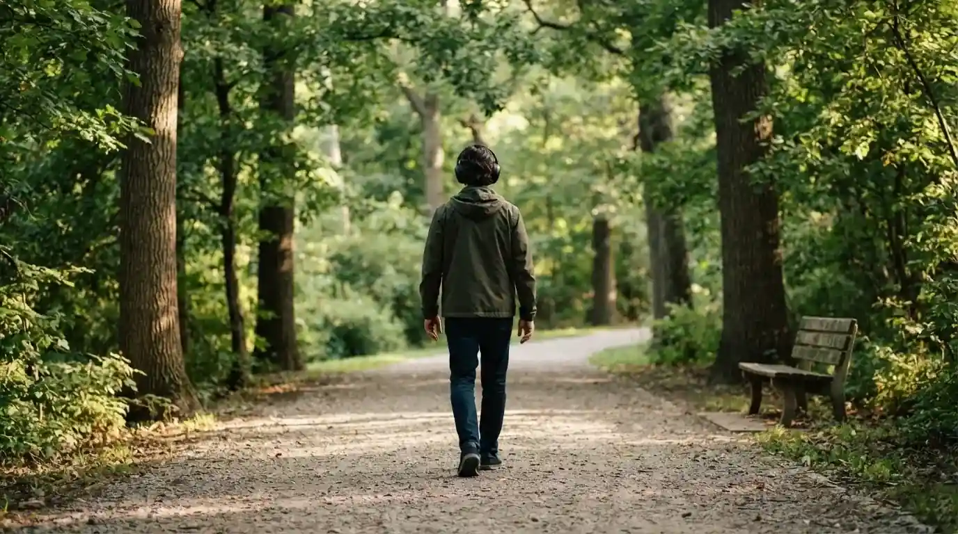 Un uomo cammina all'aperto in un parco cittadino indossando cuffie, lontano da qualsiasi dispositivo elettronico acceso.