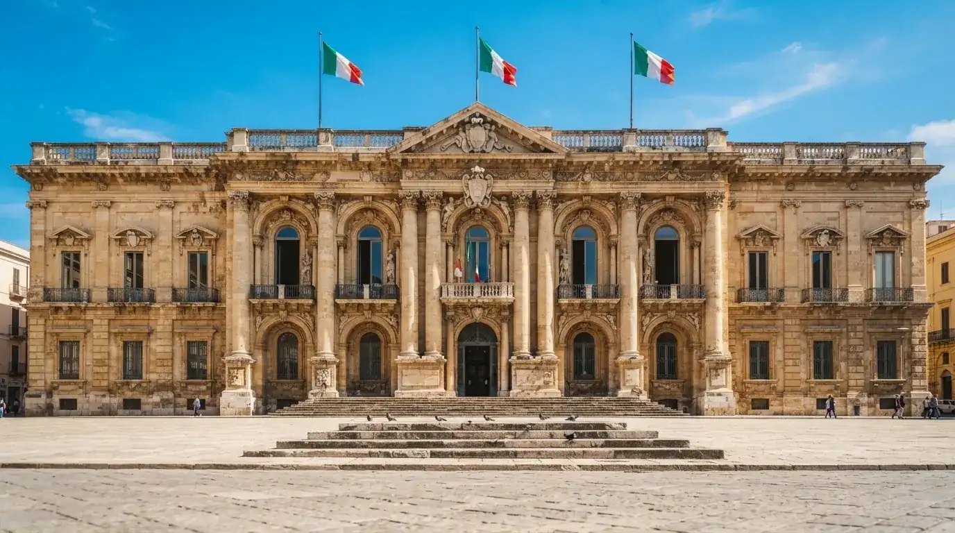 Palazzo istituzionale con bandiere al vento in una piazza soleggiata — casino online con algoritmo unbiased