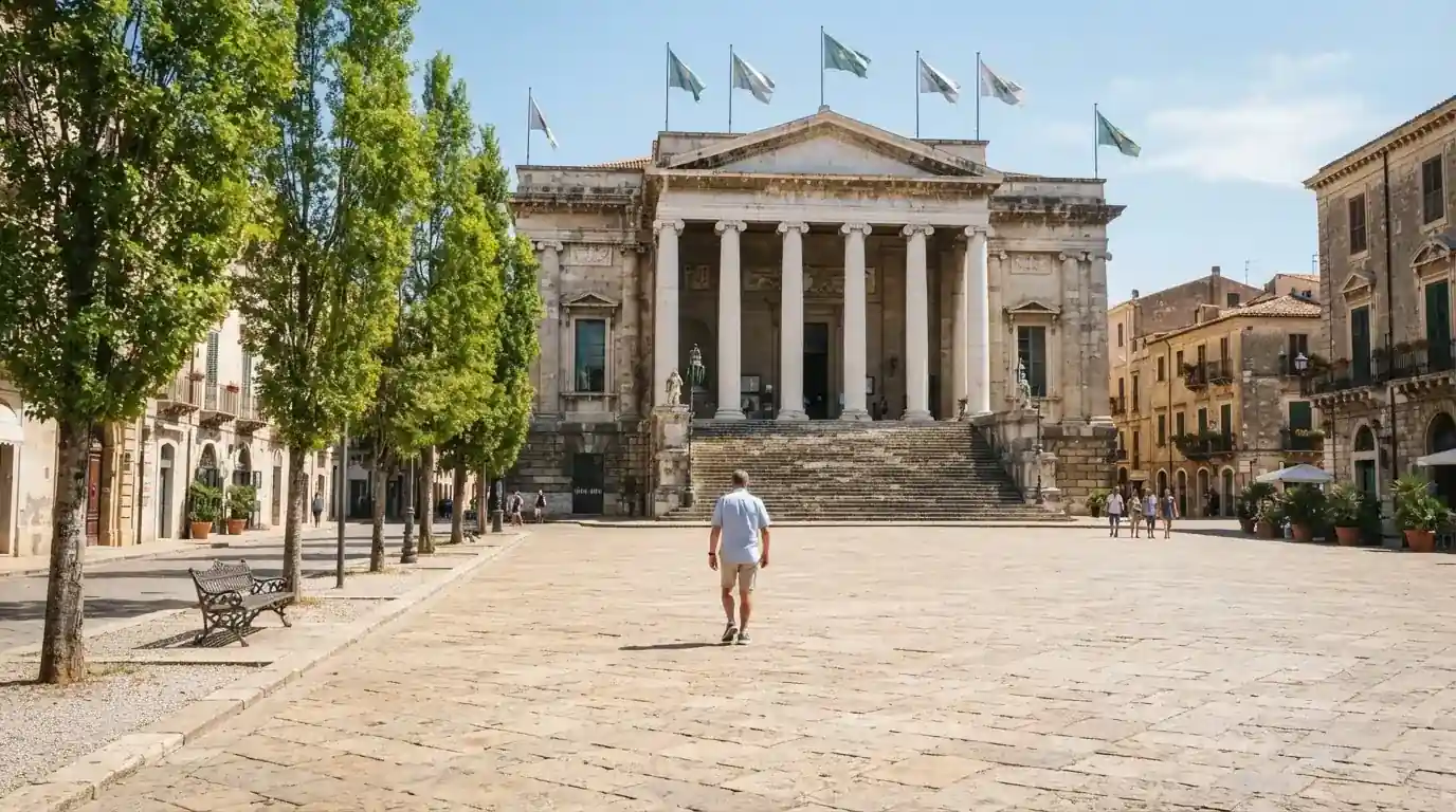 Palazzo istituzionale con bandiere al vento in una piazza soleggiata — casino online con bonus crab