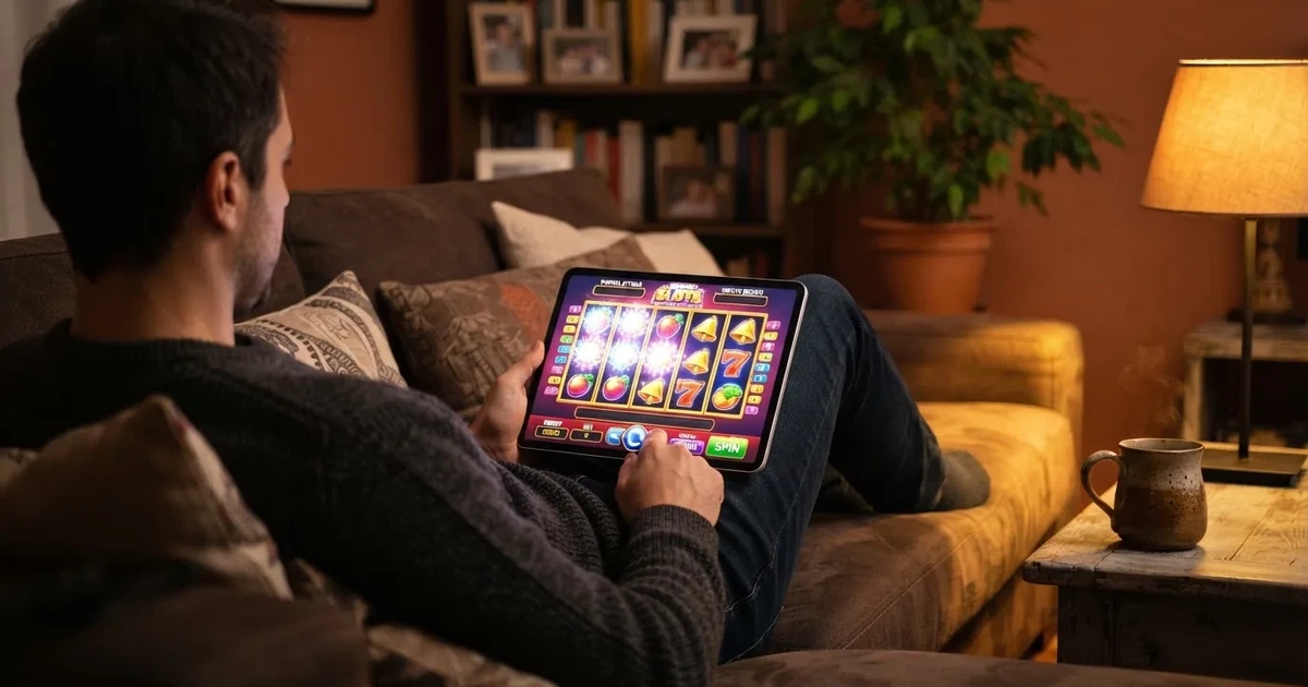 Giocatore sul divano con un tablet, tazza di caffè sul tavolino, luce calda — casino online con bonus crab