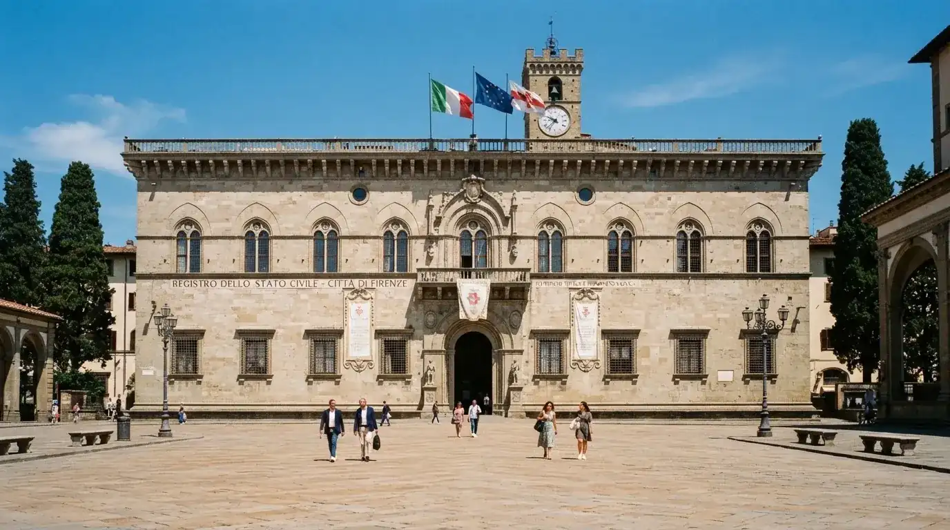 Palazzo istituzionale con bandiere al vento in una piazza soleggiata — casino online con cie