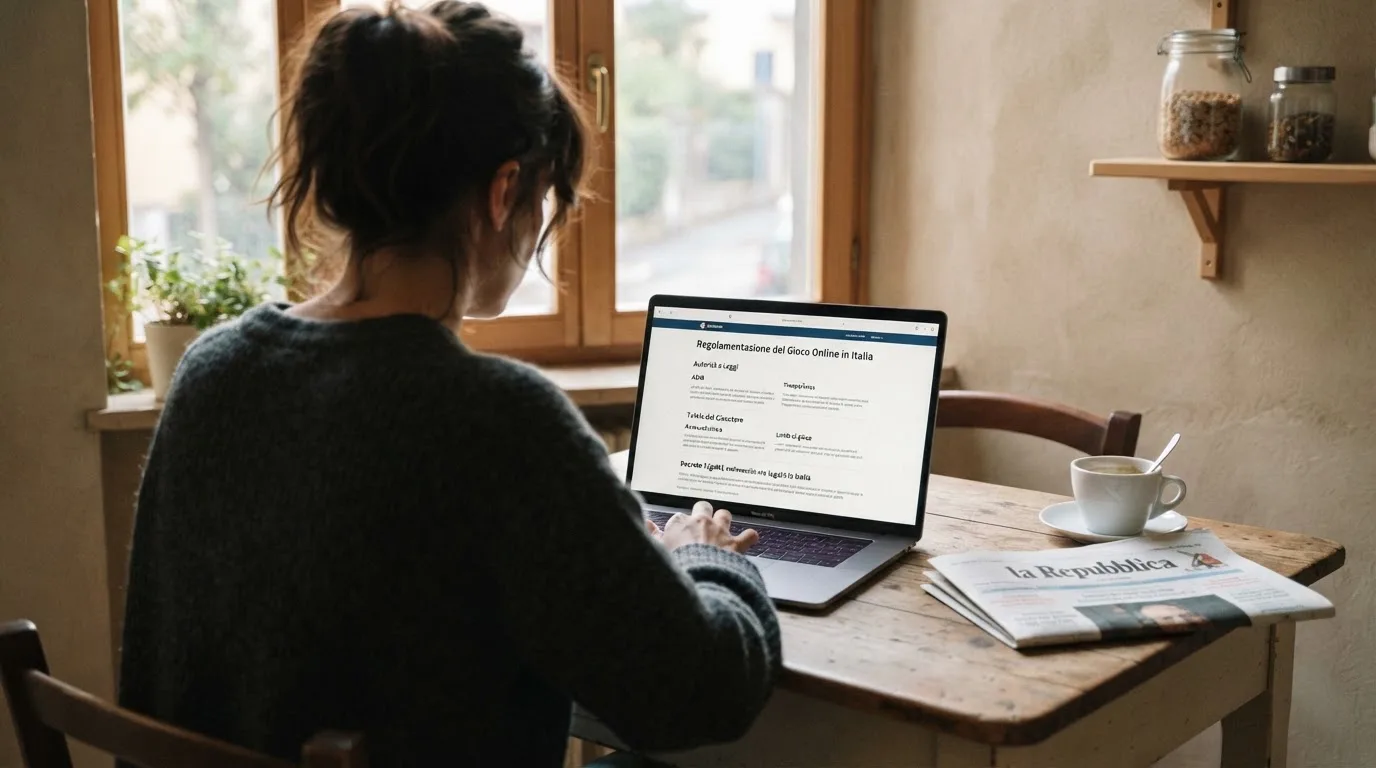 Persona davanti a un portatile che legge una pagina informativa sul gioco online in Italia — casino online con soldi finti