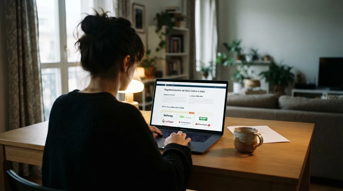 Persona davanti a un portatile che legge una pagina informativa sul gioco online in Italia — casino online italiani autorizzati aams