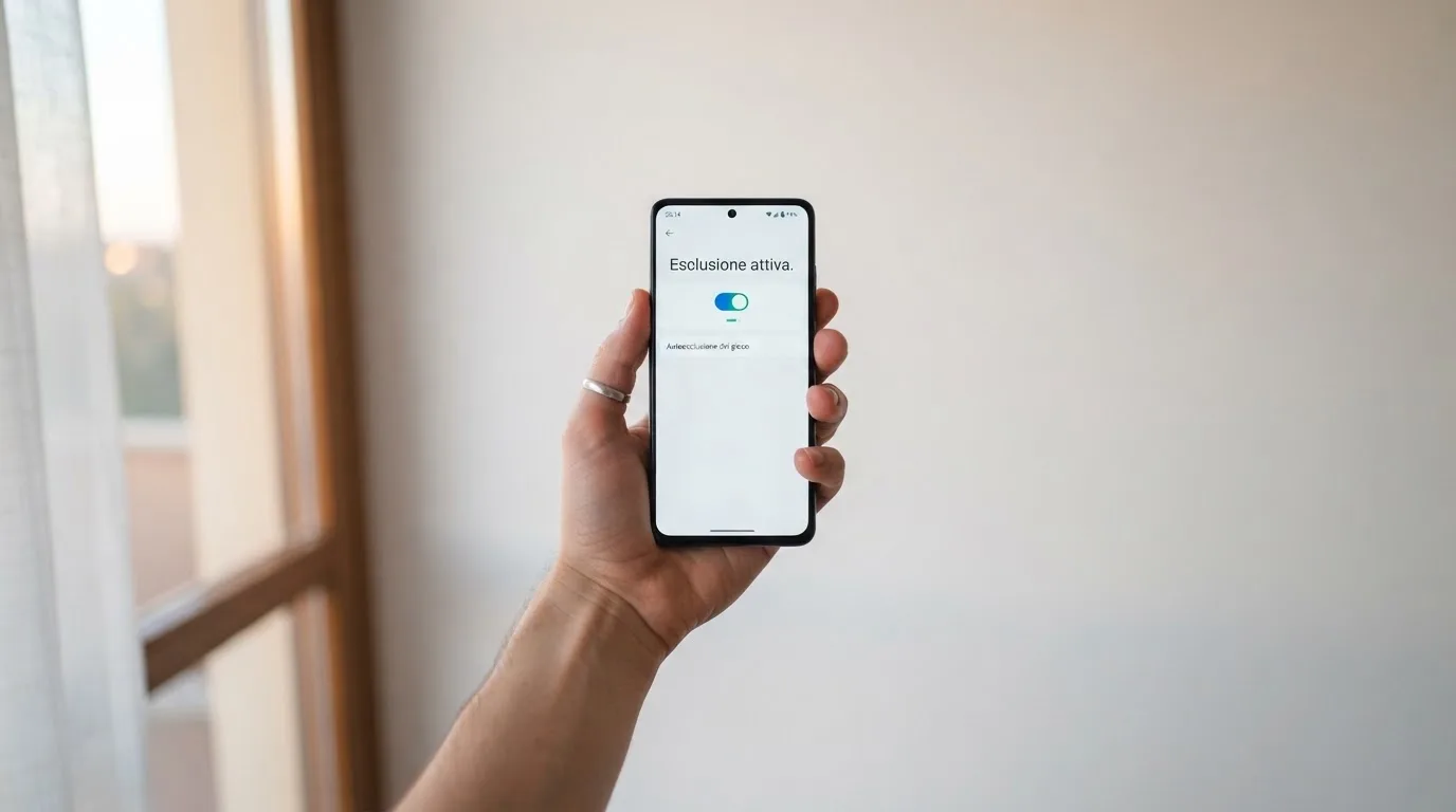Mano che tiene uno smartphone accanto a una finestra, luce serale tranquilla — casino online sanremo