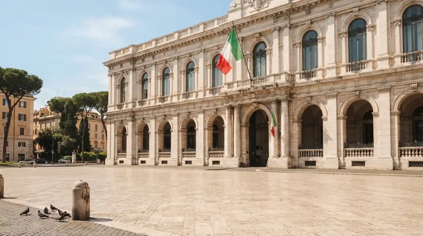 Palazzo istituzionale con bandiere al vento in una piazza soleggiata — casino online senza registrazione