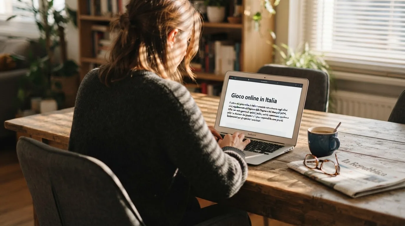 Persona davanti a un portatile che legge una pagina informativa sul gioco online in Italia — casino senza codice fiscale