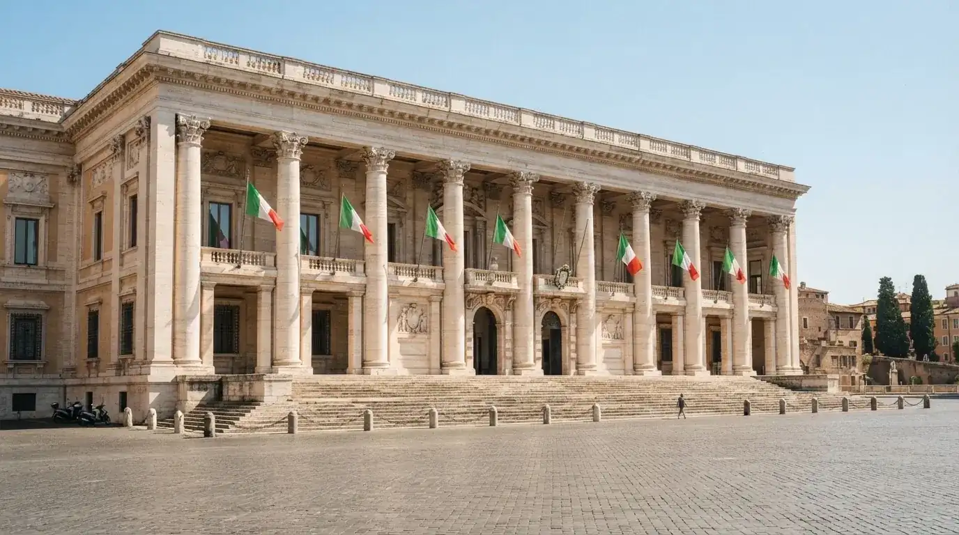 Palazzo istituzionale con bandiere al vento in una piazza soleggiata — casino senza codice fiscale